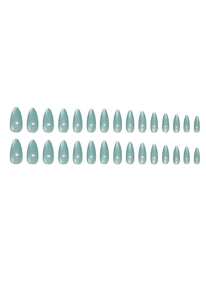 RikView Short Press on Nails Almond Fake Nails Cyan Nails with Cat Eye Finish Glossy Full Cover Nails for Women 30 PCs/Set - Image 5